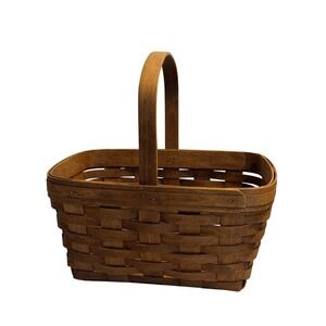 VTG Longaberger Basket Brown Rectangular Handwoven Wood Handle 1991 Signed Decor